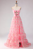 Vestido de graduación rosa sin tirantes floral en línea en A, con lazo y abertura