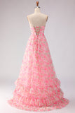 Vestido de graduación rosa sin tirantes floral en línea en A, con lazo y abertura