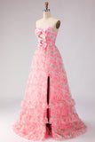 Vestido de graduación rosa sin tirantes floral en línea en A, con lazo y abertura