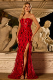 Vestido largo largo de graduación sin tirantes de sirena roja brillante con abertura