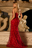 Vestido largo largo de graduación sin tirantes de sirena roja brillante con abertura