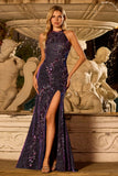 Vestido largo de graduación de graduación de sirena de uva con capucha brillante de uva, con lentejuelas, con hendidura brillante