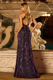 Vestido largo de graduación de graduación de sirena de uva con capucha brillante de uva, con lentejuelas, con hendidura brillante