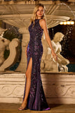 Vestido largo de graduación de graduación de sirena de uva con capucha brillante de uva, con lentejuelas, con hendidura brillante