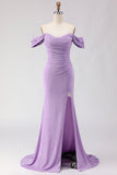 Vestido largo largo de baile morado con cuentas y sirena caída, con cuentas y hombros