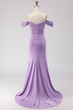 Vestido largo largo de baile morado con cuentas y sirena caída, con cuentas y hombros