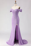 Vestido largo largo de baile morado con cuentas y sirena caída, con cuentas y hombros