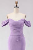 Vestido largo largo de baile morado con cuentas y sirena caída, con cuentas y hombros