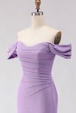 Vestido largo largo de baile morado con cuentas y sirena caída, con cuentas y hombros
