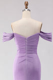 Vestido largo largo de baile morado con cuentas y sirena caída, con cuentas y hombros