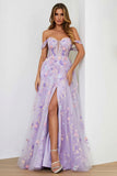 Vestido largo de baile bordado con hombros descubiertos en color lila A Line con abertura
