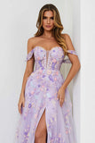 Vestido largo de baile bordado con hombros descubiertos en color lila A Line con abertura