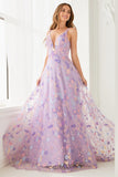 Vestido largo de fiesta con tirantes finos de línea A floral lila con bordado