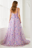 Vestido largo de fiesta con tirantes finos de línea A floral lila con bordado