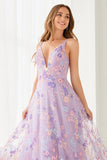 Vestido largo de fiesta con tirantes finos de línea A floral lila con bordado