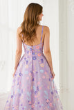 Vestido largo de fiesta con tirantes finos de línea A floral lila con bordado