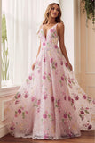 Vestido de fiesta largo con escote en V y espalda abierta con flores rosas y cuentas