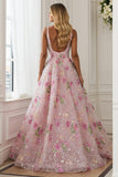 Vestido de fiesta largo con escote en V y espalda abierta con flores rosas y cuentas