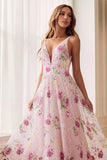 Vestido de fiesta largo con escote en V y espalda abierta con flores rosas y cuentas