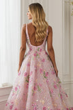 Vestido de fiesta largo con escote en V y espalda abierta con flores rosas y cuentas