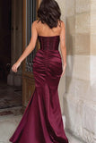 Vestido largo de fiesta con corsé de sirena y lentejuelas burdeos fruncido con abertura