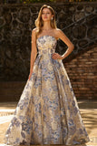 Corsé azul polvoriento sin tirantes Vestido largo de graduación de brocado floral con abertura