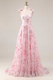 Vestido largo de graduación con lentejuelas florales rosa brillante y lazos