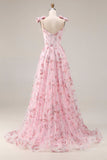 Vestido largo de graduación con lentejuelas florales rosa brillante y lazos