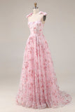 Vestido largo de graduación con lentejuelas florales rosa brillante y lazos