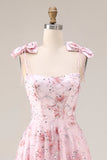 Vestido largo de graduación con lentejuelas florales rosa brillante y lazos