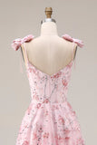 Vestido largo de graduación con lentejuelas florales rosa brillante y lazos