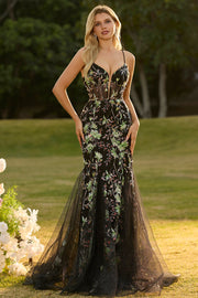 Corsé de Sirena Negra, Lentejuelas, Vestido largo de graduación floral con encaje en la espalda