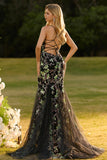 Corsé de Sirena Negra, Lentejuelas, Vestido largo de graduación floral con encaje en la espalda