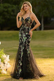 Corsé de Sirena Negra, Lentejuelas, Vestido largo de graduación floral con encaje en la espalda