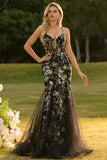 Corsé de Sirena Negra, Lentejuelas, Vestido largo de graduación floral con encaje en la espalda