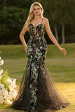 Corsé de Sirena Negra, Lentejuelas, Vestido largo de graduación floral con encaje en la espalda