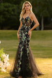 Corsé de Sirena Negra, Lentejuelas, Vestido largo de graduación floral con encaje en la espalda