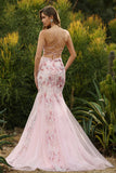 Corsé de Sirena Negra, Lentejuelas, Vestido largo de graduación floral con encaje en la espalda