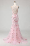 Vestido largo de fiesta de sirena con corsé floral rosa brillante con lentejuelas