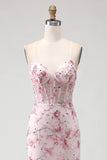 Vestido largo de fiesta de sirena con corsé floral rosa brillante con lentejuelas