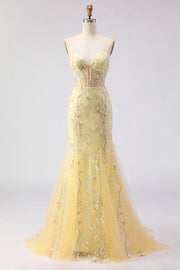 Corsé amarillo de sirena, encaje floral en la espalda, vestido largo de graduación con lentejuelas
