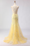 Corsé amarillo de sirena, encaje floral en la espalda, vestido largo de graduación con lentejuelas