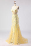 Corsé amarillo de sirena, encaje floral en la espalda, vestido largo de graduación con lentejuelas