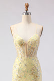 Corsé amarillo de sirena, encaje floral en la espalda, vestido largo de graduación con lentejuelas