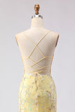 Corsé amarillo de sirena, encaje floral en la espalda, vestido largo de graduación con lentejuelas