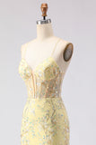 Corsé amarillo de sirena, encaje floral en la espalda, vestido largo de graduación con lentejuelas