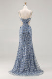Vestido largo de graduación con corte azul polvoriento con cuentas y corte de sirena