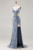 Vestido largo de graduación con corte de fin de curso azul polvoriento de sirena, lentejuelas con cuentas y corte