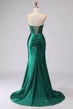 Corsé sin tirantes de sirena verde oscuro, encaje de lentejuelas recogidas y vestido de graduación con abertura