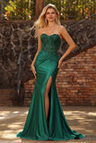Corsé sin tirantes de sirena verde oscuro, encaje de lentejuelas recogidas y vestido de graduación con abertura